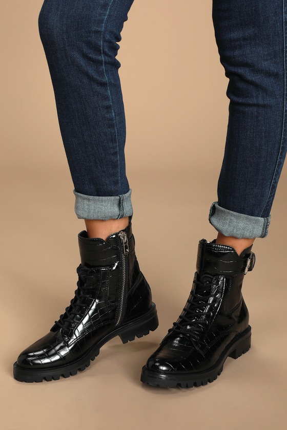 croc print lace up boots