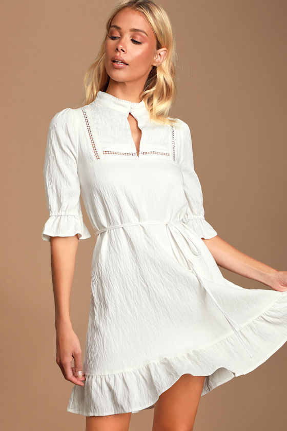 Download Cute White Mini Dress - Mock Neck Mini Dress - Prairie Dress