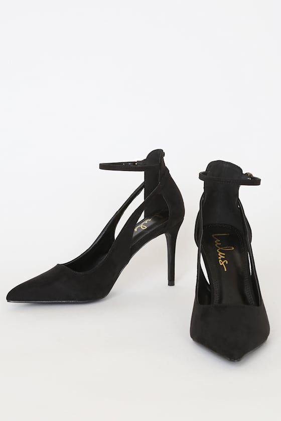 Deacon Black Suede Pointed-Toe Ankle Strap Heels 1