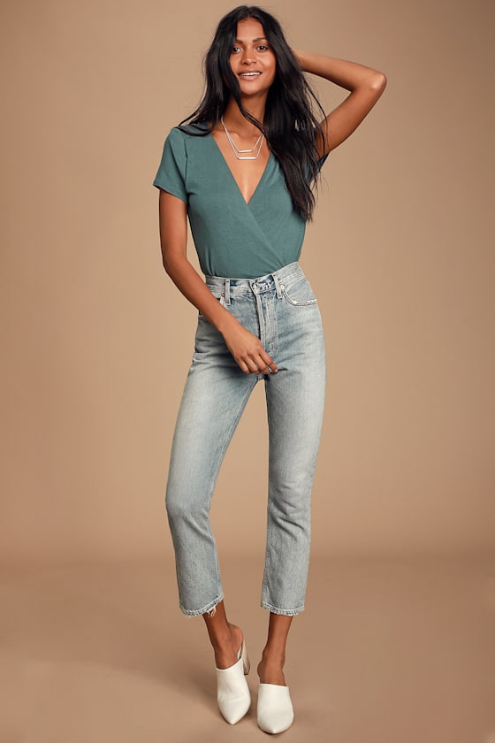 Marren Slate Blue Short Sleeve Surplice Bodysuit 6