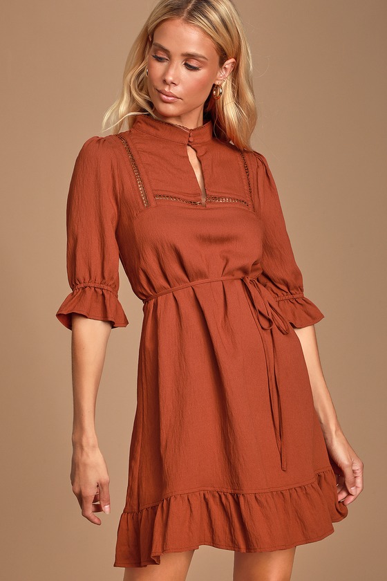 Cute Rust Mini Dress - Mock Neck Mini Dress - Prairie Dress - Lulus