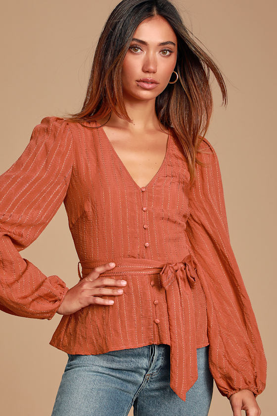 Chic Rust Orange Top - Button-Up Top - Long Sleeve Top - Lulus