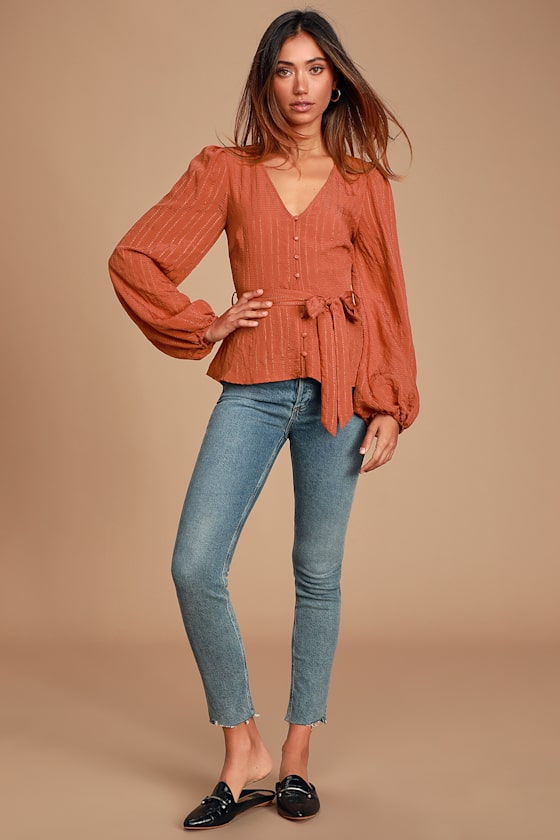 Meilani Rust Orange Long Sleeve Tie-Front Top 1