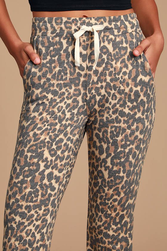 Long Flight Faded Beige Leopard Print Drawstring Lounge Pants 4