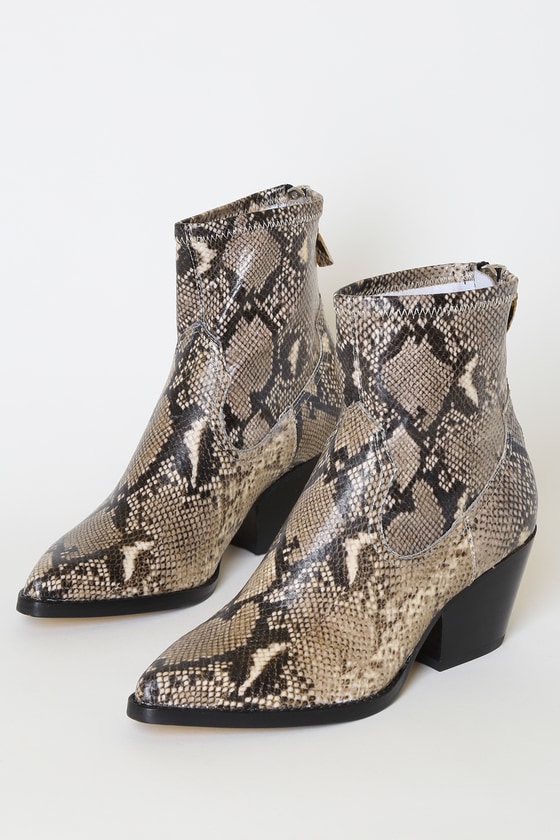 black and white snake print ankle boots