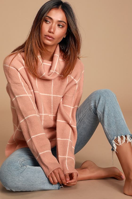 Emira Blush Pink and White Cowl Neck Knit Sweater 6