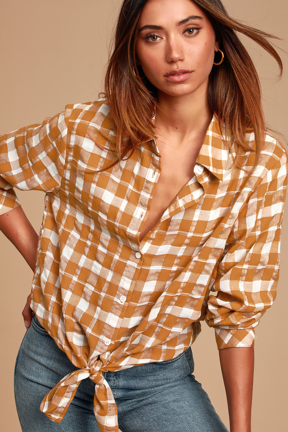 Classic Rust Brown Plaid Top - Button-Up Top - Long Sleeve Top - Lulus