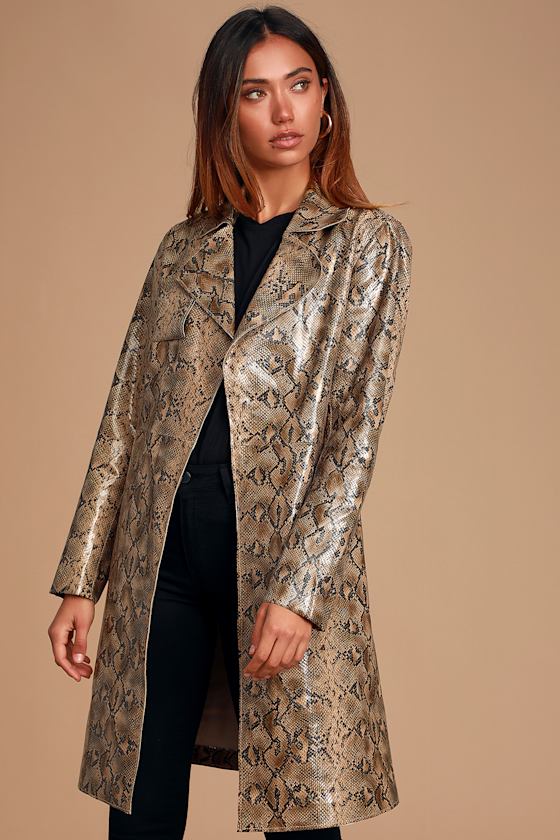 Anaconduh Beige Snake Print Vegan Leather Trench Coat 1