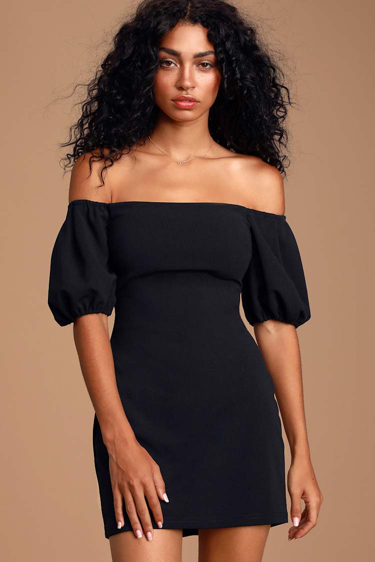 Cute Black Dress - Off-the-Shoulder Dress - Puff Sleeve Dress