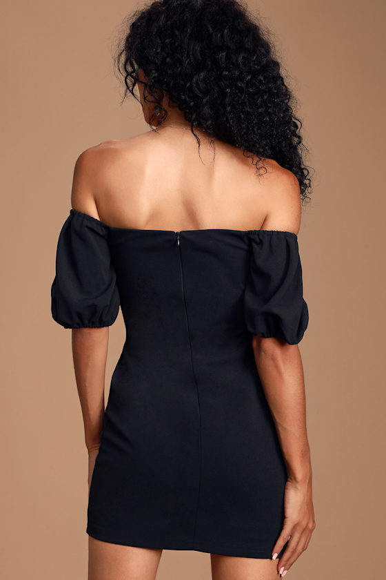 Cute Black Dress - Off-the-Shoulder Dress - Puff Sleeve