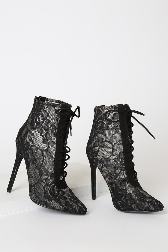 black high heel ankle boots with laces