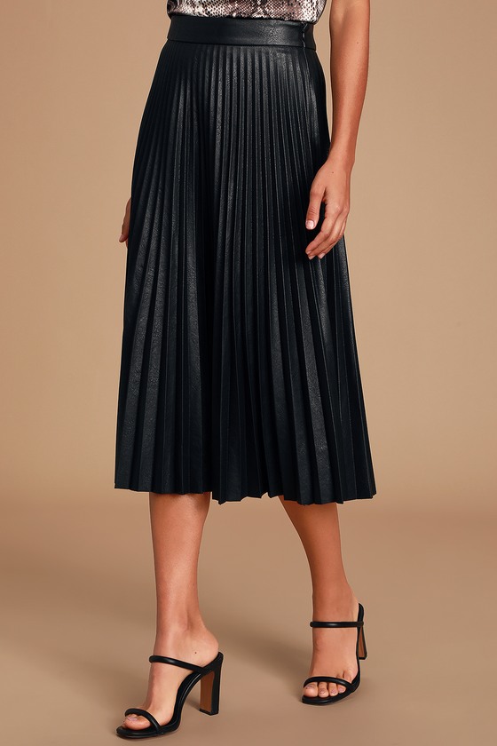 Chic Black Midi Skirt - Vegan Leather Skirt - Pleated Midi Skirt - Lulus