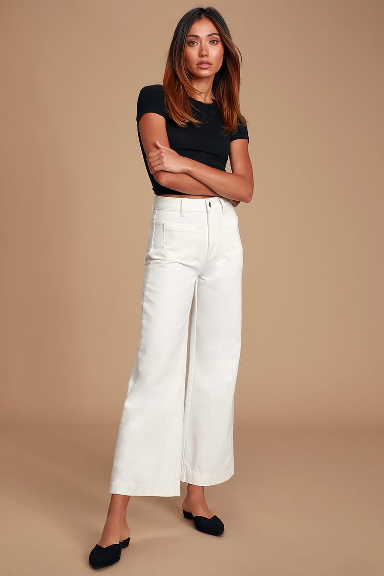 Sailor White High-Waisted Cropped Wide-Leg Jeans