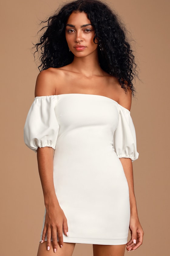 Off-Shoulder Puff Sleeve Printed Mini Dress - White