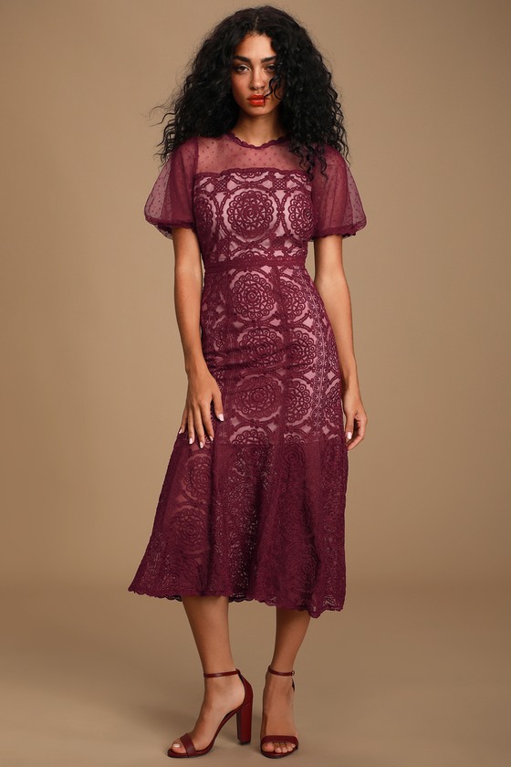 Ellington Burgundy Embroidered Lace Midi Dress