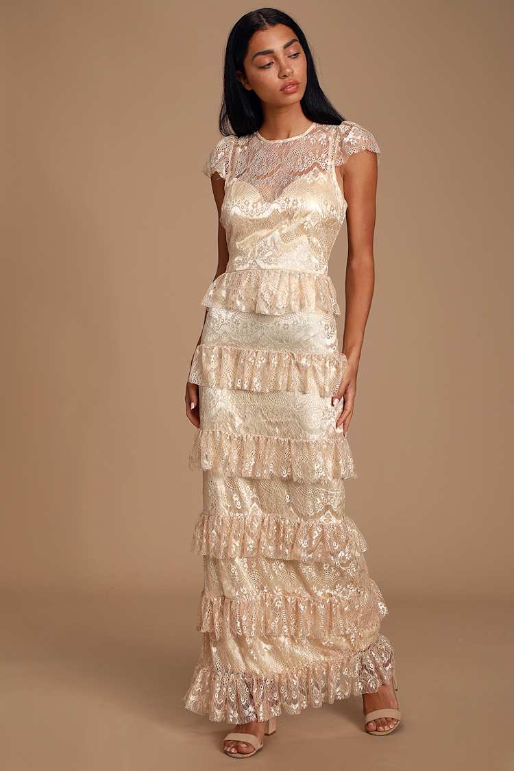 Glam Champagne Dress - Champagne Maxi Dress - Lace Maxi Dress - Lulus