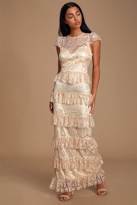 Romantic Daydreamer Champagne Lace Tiered Maxi Dress 1