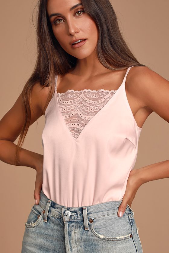 Aloise Blush Pink Lace Satin Sleeveless Bodysuit 6