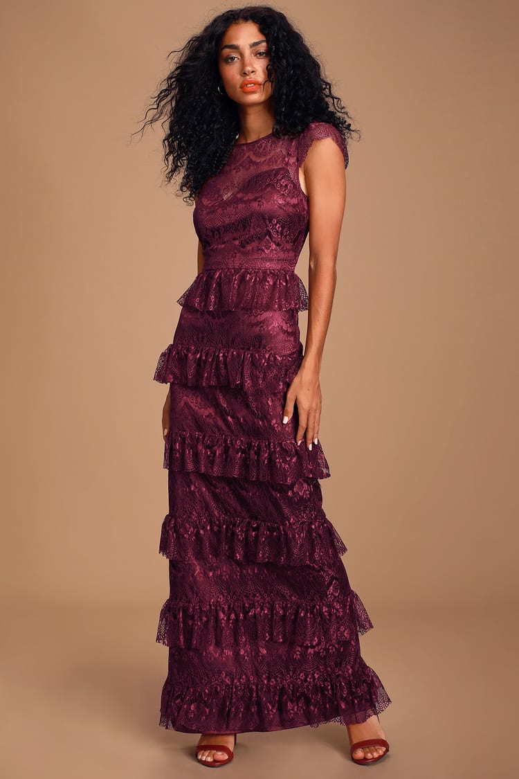 burgundy lace overlay dress