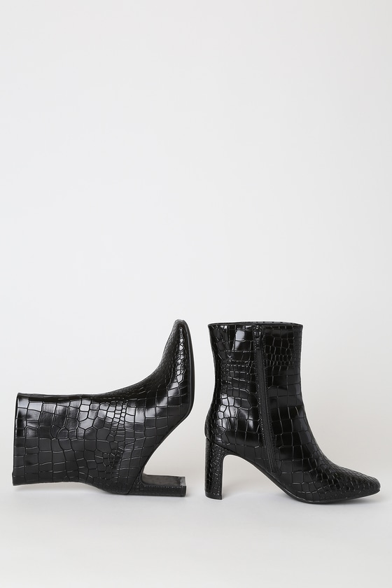 croc embossed square toe boots
