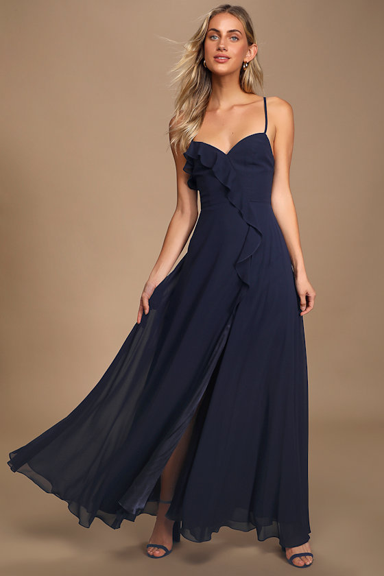 Moonlit Moment Navy Blue Ruffled Maxi Dress 1