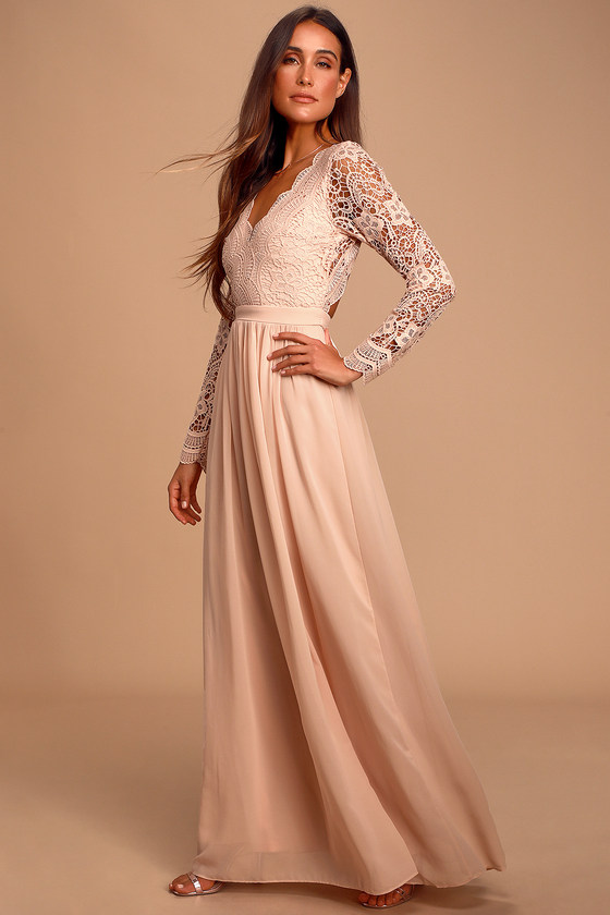 Lovely Blush Pink Dress - Lace Long Sleeve Maxi Dress - Lulus