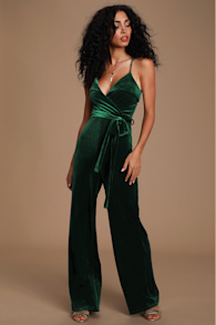 Kylinna Forest Green Velvet Sleeveless Wide-Leg Jumpsuit 1