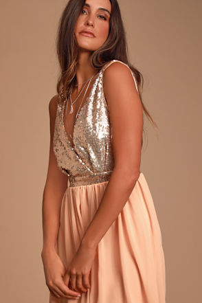 Elegant Encounter Rose Gold Sequin Maxi Dress