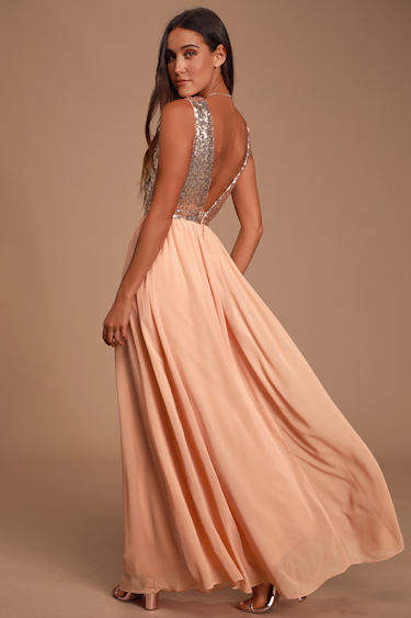 Lovely Rose Gold Maxi Dress Plunge Sequin Dress Lulus