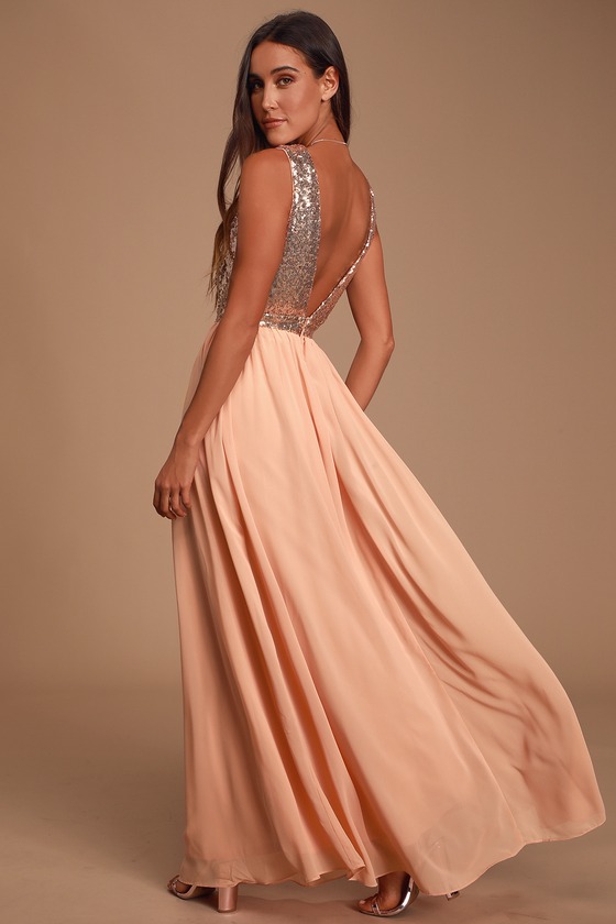 Elegant Encounter Rose Gold Sequin Maxi Dress