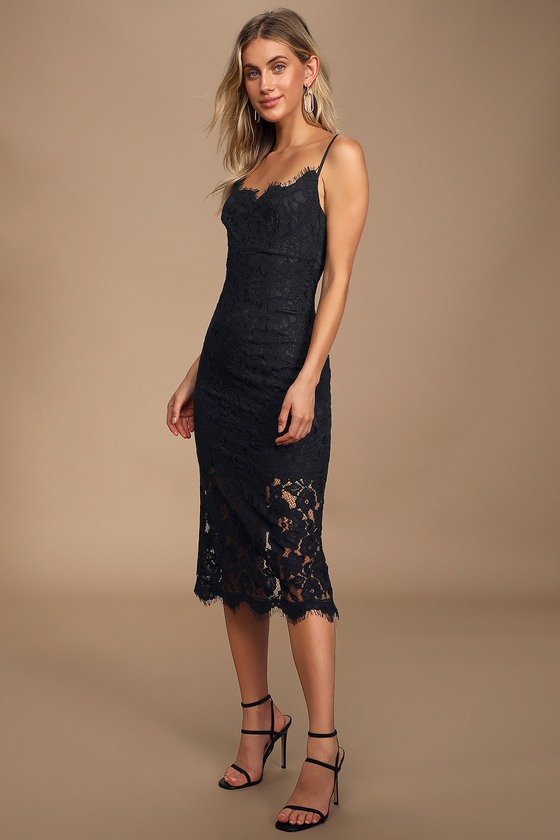 Black Lace Dress - Midi Bodycon Dress 