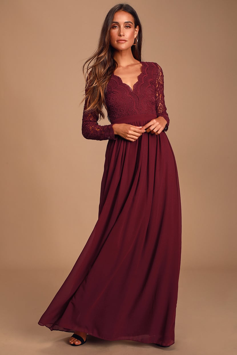 Lovely Burgundy Dress - Lace Maxi Dress - Long Sleeve Dress - Lulus