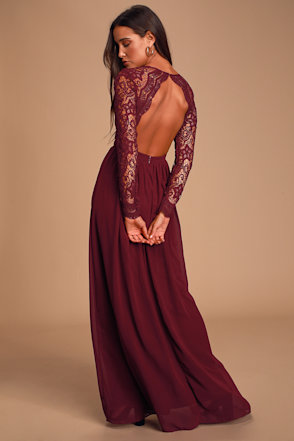 burgundy dress lace sleeves Burgundy Pleated Evening Dress with Embroidered Sheer Sleeves – Elegan –  FineLook main image 1