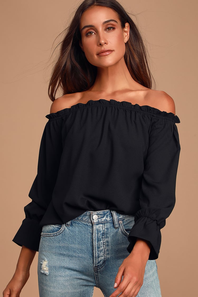 Black - Black Off-the-Shoulder Top - Three-Quarter Sleeve -