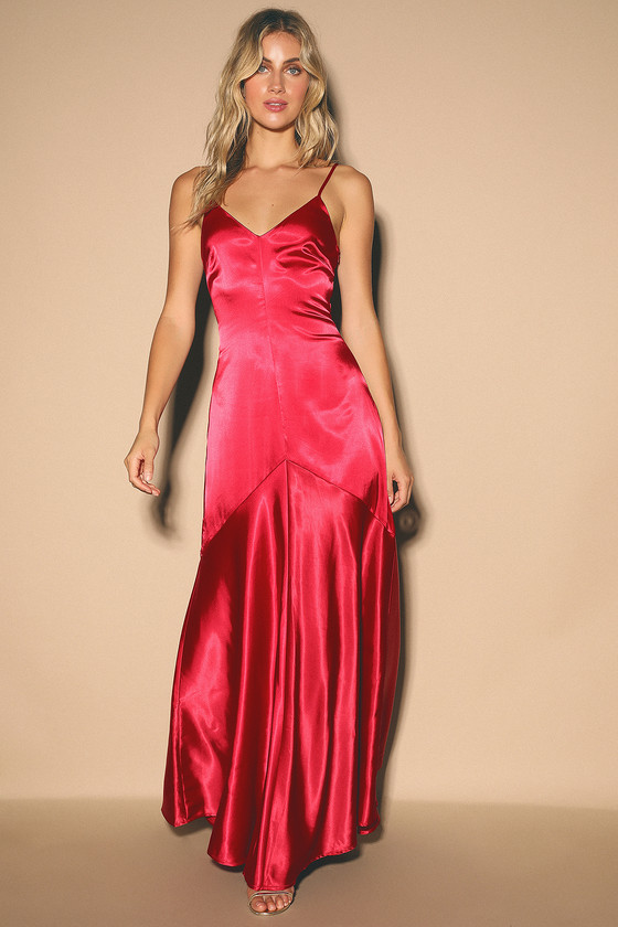 red satin floor length dress