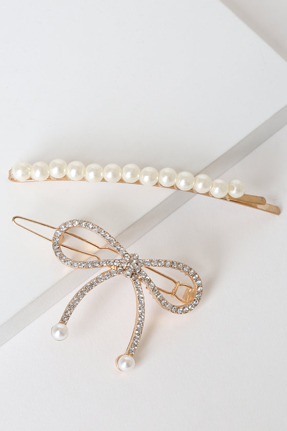 Darling Little Thing Gold Rhinestone and Pearl Hair Pin Set 2