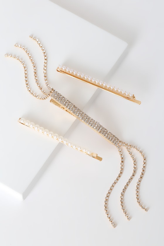 Marianne Gold Rhinestone and Pearl Hair Pin Set