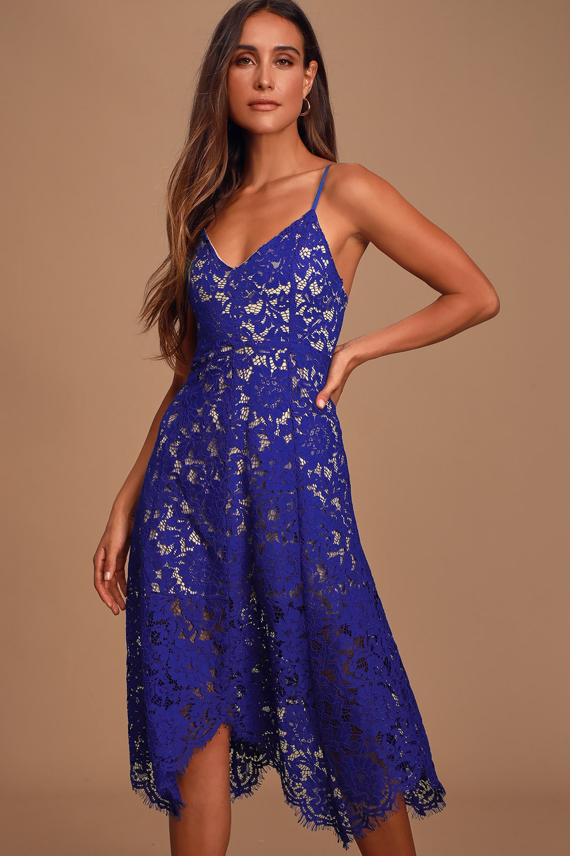Blue Lace Midi Fall Wedding Guest Dress