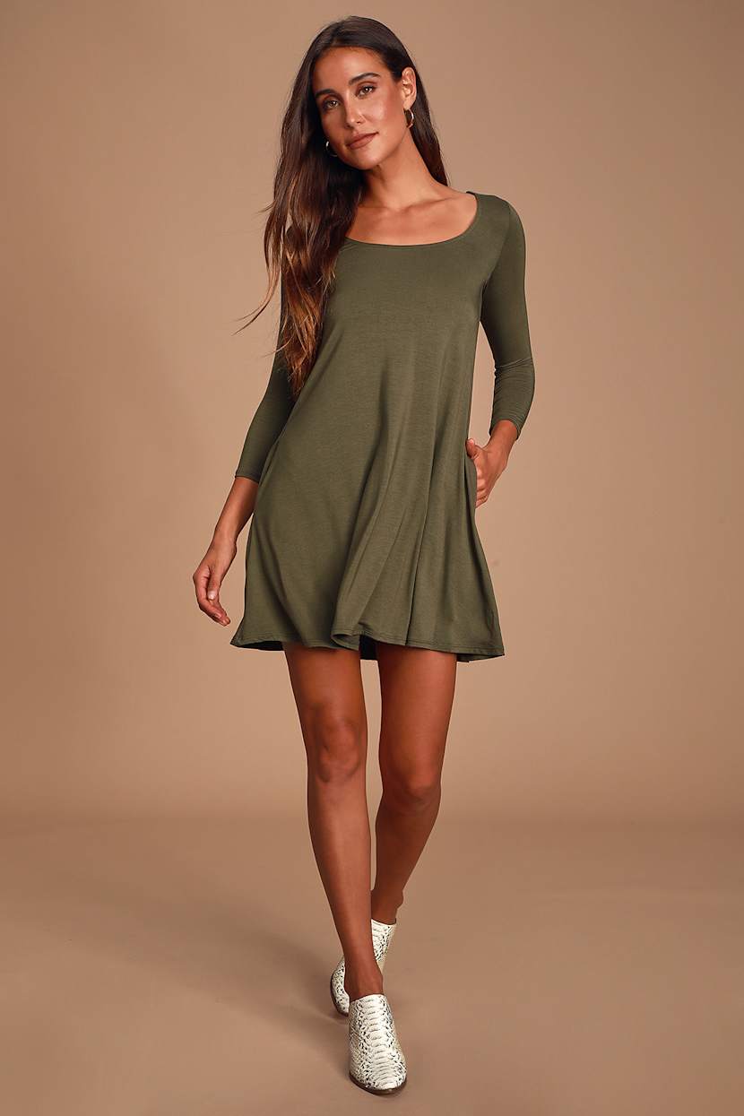 Cute Olive Green Dress - Swing Dress - Long Sleeve Dress - Lulus