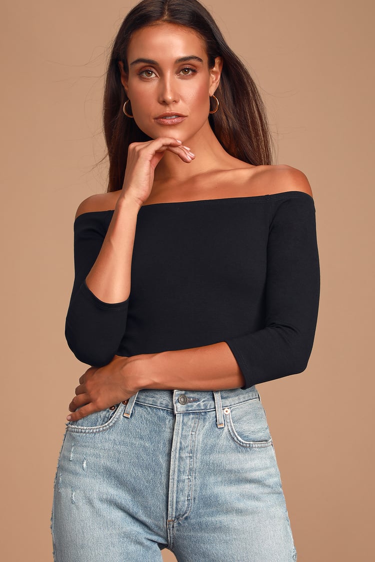 Black Bodysuit - Off-The-Shoulder Top - Three-Quarter Sleeve Top - Lulus