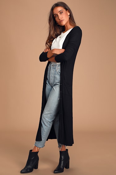 Black Cardigan Sweater Longline Cardigan Ribbed Duster Lulus