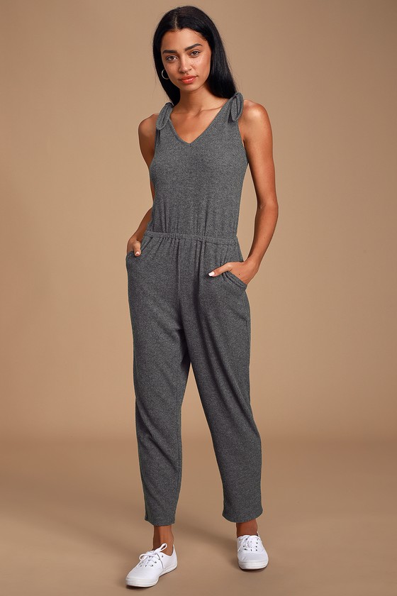 Belmore Heathered Charcoal Grey Ribbed Sleeveless Jumpsuit