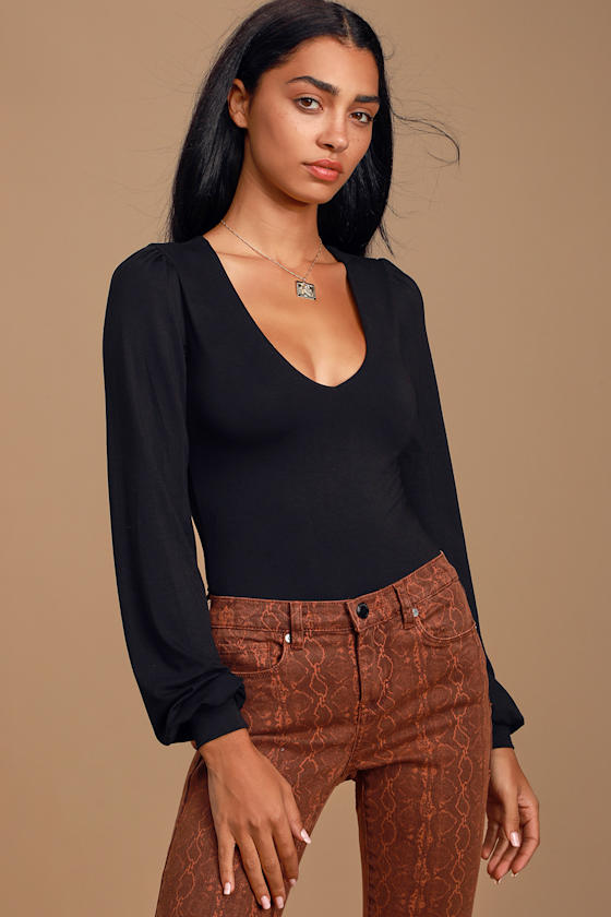 Kaylene Black V-Neck Balloon Sleeve Bodysuit 6