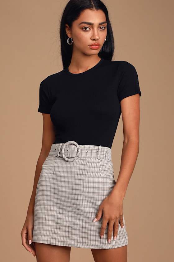 Femi Tan Multi Plaid Belted Mini Skirt 2