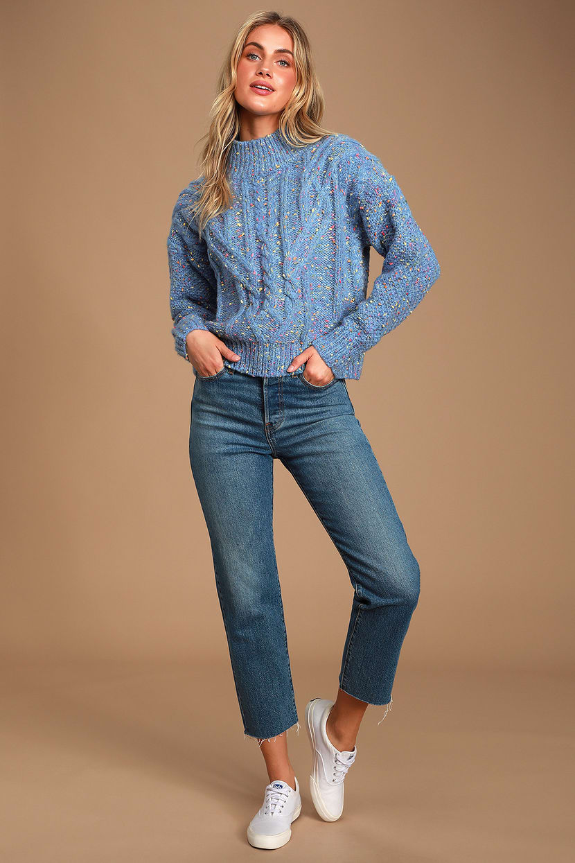 Sweet One Blue Speckled Cable Knit Sweater