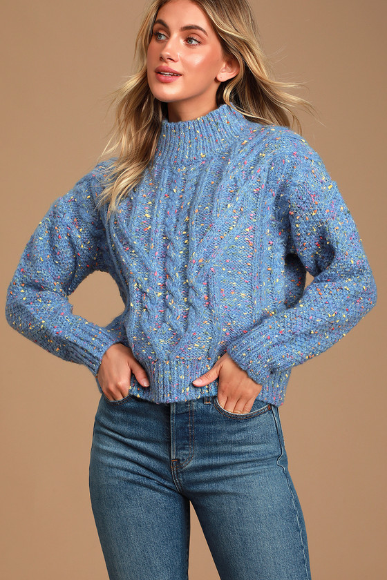 Sweet One Blue Speckled Cable Knit Sweater