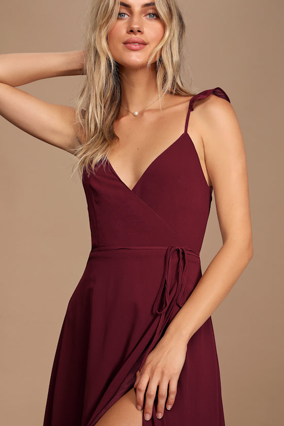 Here's to Us Burgundy High-Low Wrap Dress 11
