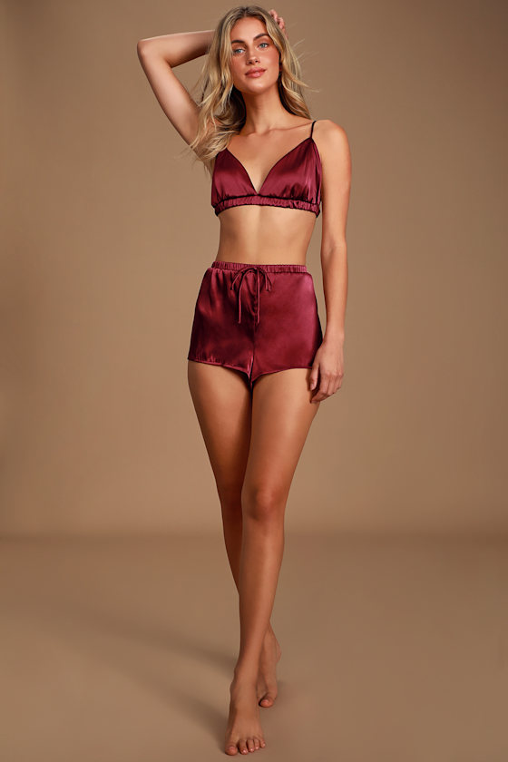 Captured Moments Wine Red Satin Lounge Shorts 1