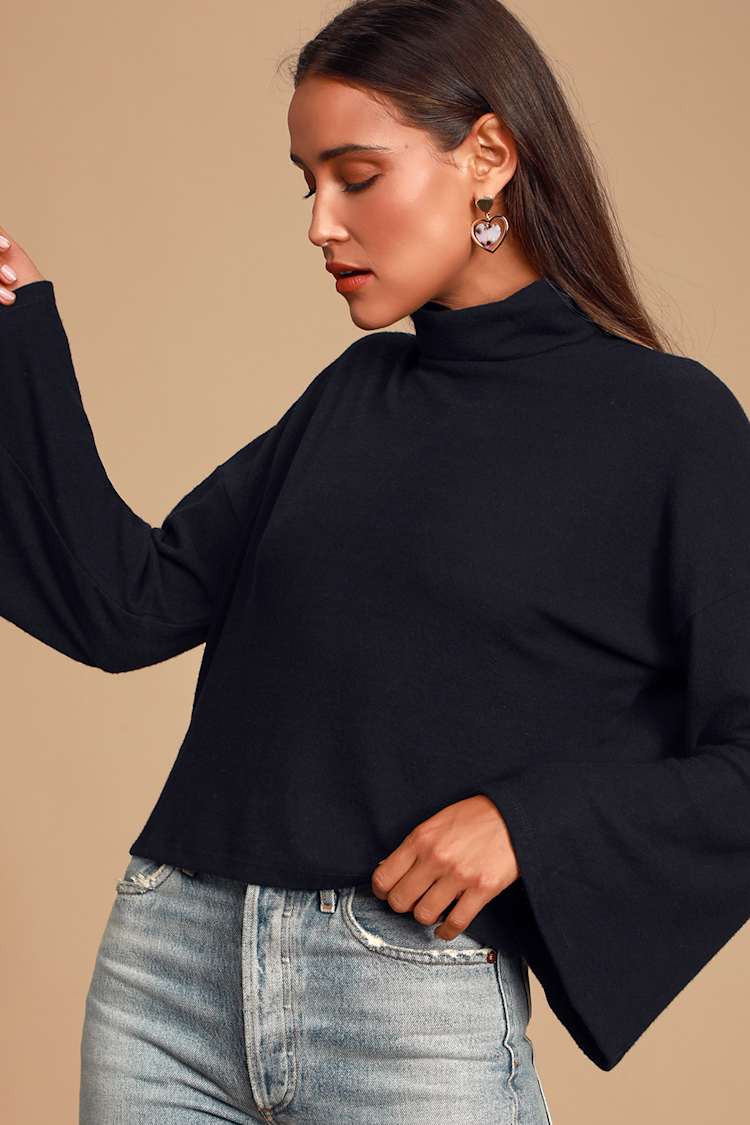 Black Sweater Top - Turtleneck Top - Bell Sleeve Top - Cute Top 