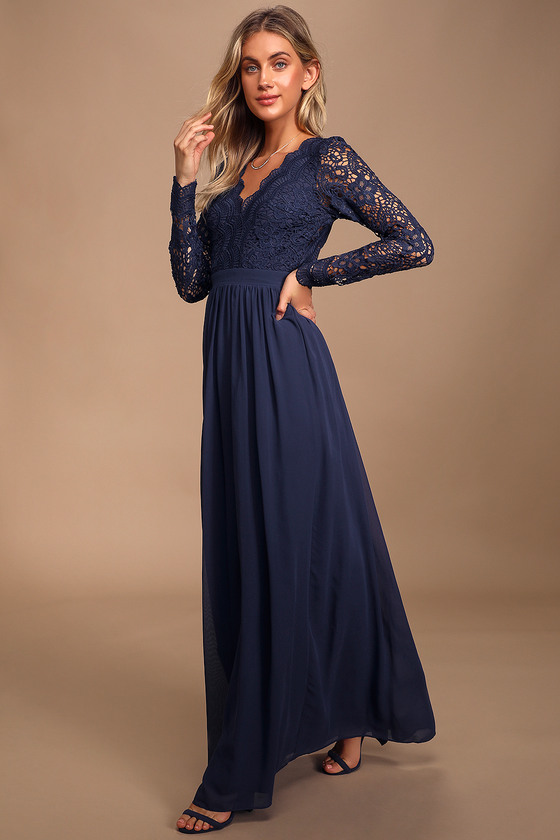 Navy Blue Dress - Maxi Dress - Lace Dress- Long Sleeve Dress - Lulus
